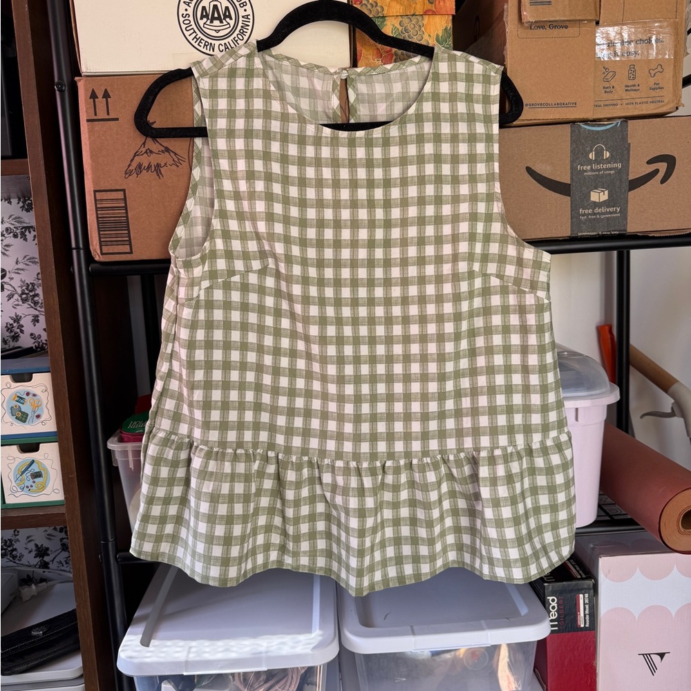 Green and White Gingham Sleeveless Top